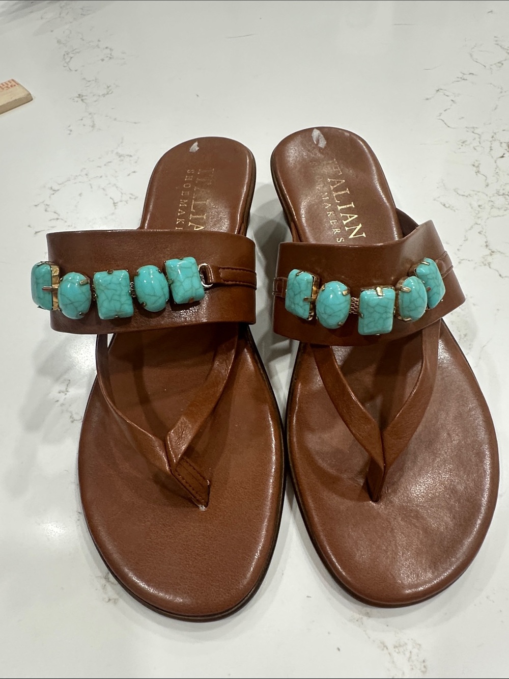 Italian Shoemakers Brown Sandals with Turquoise Bead Accents Size 8